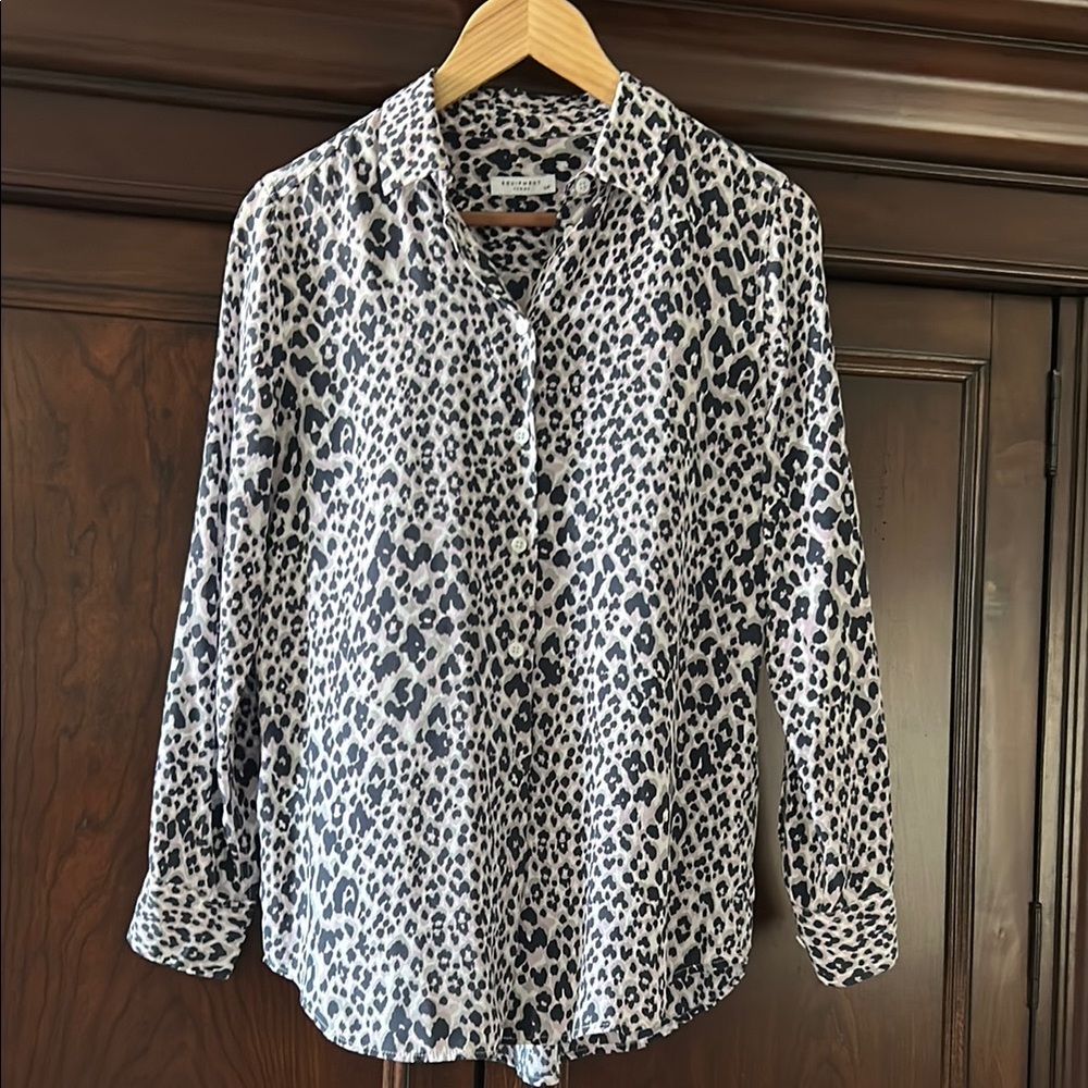 Equipment Navy and Pink Leopard Print Silk Blouse